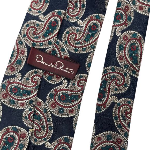 Oscar de la Renta Silk Tie Paisley Printed Navy Blue 57" - Picture 4 of 5